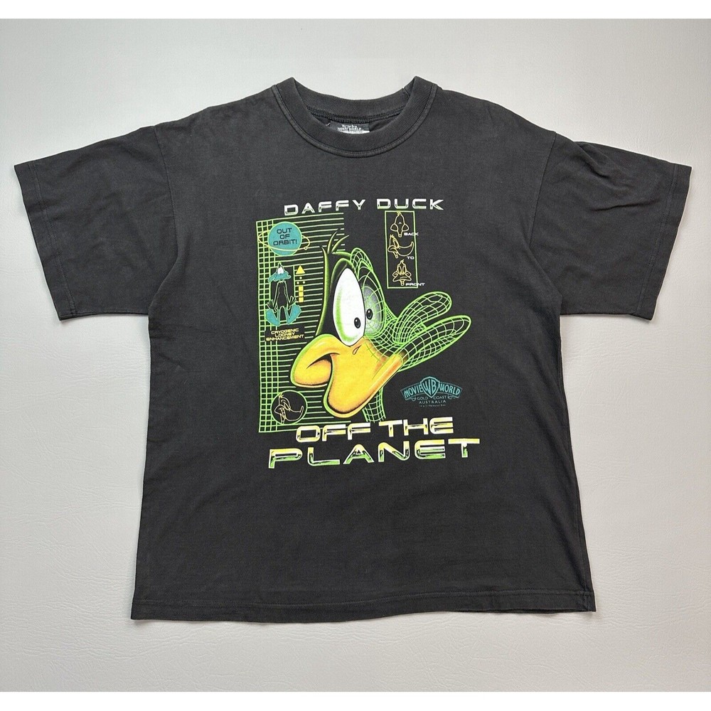 Vintage Looney Tunes Shirt Mens Small Black Daffy Duck Warner Bros Movie World